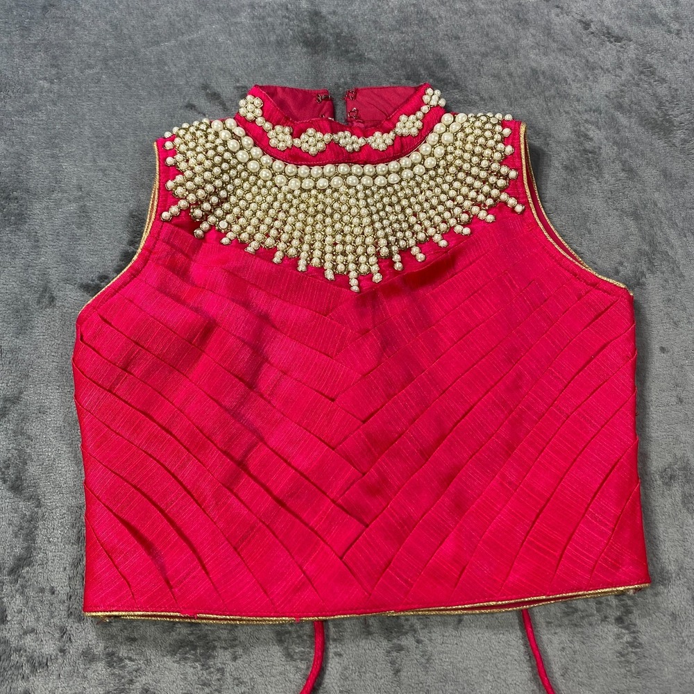 Womens XS 30 Pink Pearl Beaded Choli Blouse Indian Bridal Wedding Bollywood Top